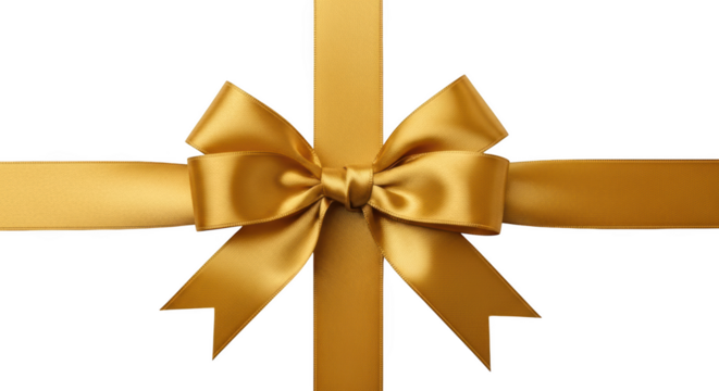 Golden satin ribbon bow with crossing bands on isolated on a transparent background gold ribbon gift wrapping - Powered by Adobe