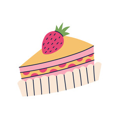 Slice of Strawberry Cake Icon. Sweet hand drawn Fruit Dessert vector illustration for bakery logo, Valentine’s design, or coquette pastry illustration