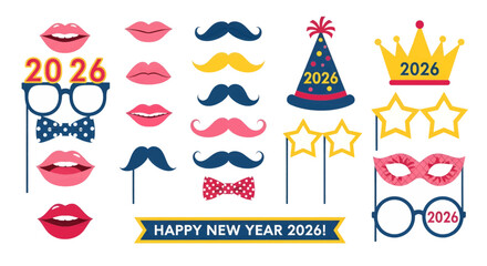 Vector illustration of happy new year 2026 celebration props including lips, mustaches, crowns, glasses, and party hat isolated on