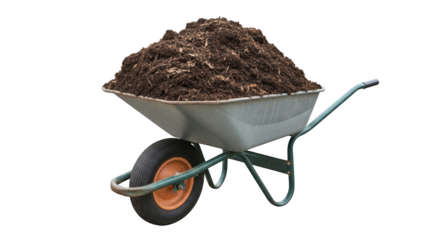 Grey metal wheelbarrow filled with dark brown soil and organic matter isolated on a transparent background