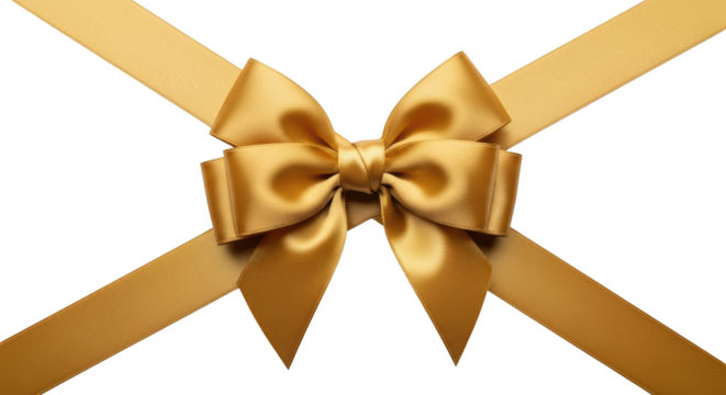 Golden satin ribbon tied in a bow with crossing ribbons isolated on a transparent background gift