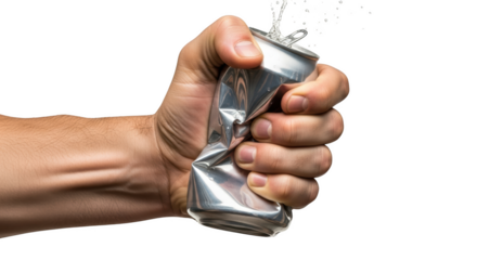 Hand crushing a silver aluminum soda can with liquid splashing out isolated on a transparent background
