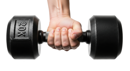 Hand gripping a 20kg dumbbell with textured grip and hexagonal weight isolated on a transparent background