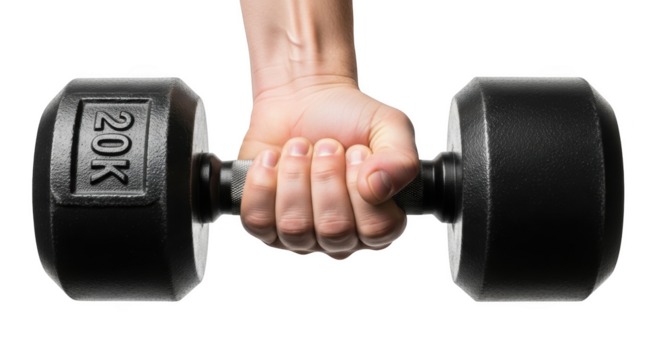 Hand gripping a 20kg dumbbell with textured grip and hexagonal weight isolated on a transparent background
