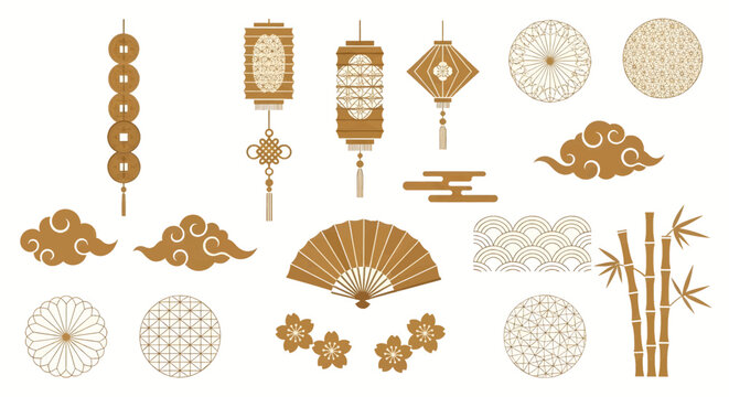 Vector illustration of collection of traditional chinese cultural elements in gold, isolated on
