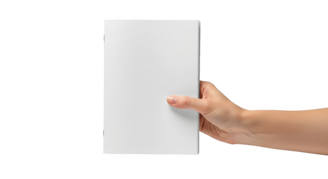 Hand holding a blank white rectangular object with a smooth surface isolated on a transparent background