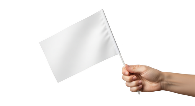 Hand holding a blank white rectangular flag on a stick against a background isolated on a transparent background