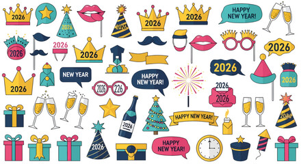 Vector illustration of collection of new years eve celebration elements and symbols for 2026, isolated on