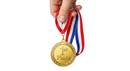 Hand holding a gold medal with a red white and blue ribbon for first place isolated on a transparent background