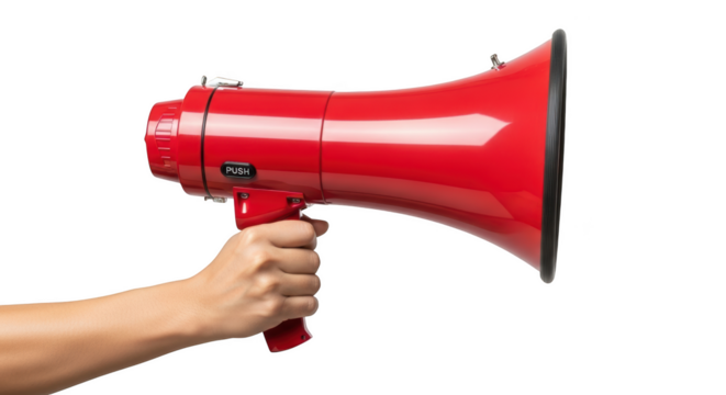 Hand holding a bright red megaphone with a background isolated on a transparent background communication