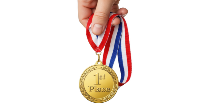 Hand holding a gold medal with a red white and blue ribbon for first place isolated on a transparent background