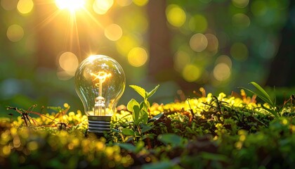 Lit bulb on moss, with sun, green bokeh