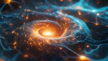 Abstract artistic illustration of a cosmic vortex, swirling energy, and celestial bodies in space