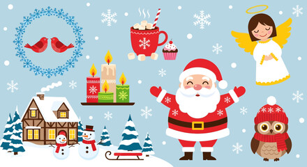 Fototapeta premium Vector illustration of collection of christmas elements including santa claus, snowman, house, trees, candles, angel, owl, and birds, perfect for holiday designs