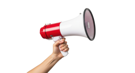 Hand holding a red and white megaphone with a background isolated on a transparent background bullhorn