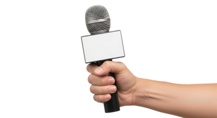 Hand holding a silver microphone with a blank white rectangular logo plate isolated on a transparent background