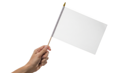 Hand holding a small white flag on a wooden stick with a gold finial isolated on a transparent background
