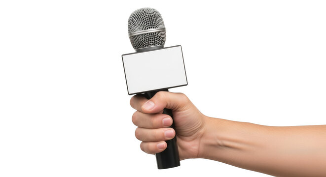 Hand holding a silver microphone with a blank white rectangular logo plate isolated on a transparent background