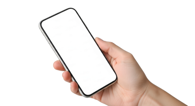 Hand holding a silver smartphone with a blank white screen isolated on a transparent background mobile phone - Powered by Adobe