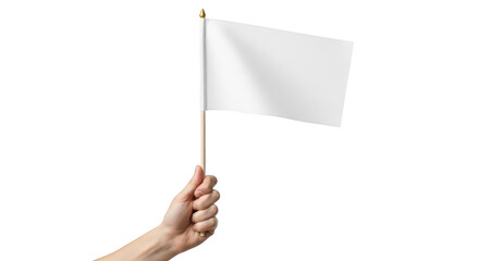 Hand holding a white blank flag on a wooden stick with a golden tip isolated on a transparent background