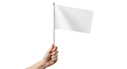 Hand holding a white blank flag on a wooden stick with a golden tip isolated on a transparent background