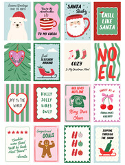 Colorful Christmas and Holidays poster set. Quirky festive quotes, cozy winter vibes in red green pastel pink. Perfect holiday wall decor templates, social media, ad banners, posters, card design.