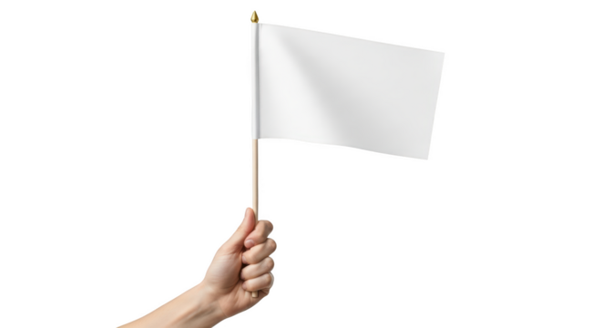 Hand holding a white blank flag on a wooden stick with a golden tip isolated on a transparent background