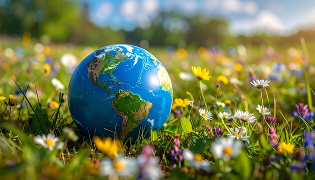 Earth globe resting in a vibrant flower meadow. - Powered by Adobe