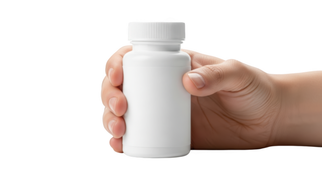 Hand holding a white plastic pill bottle with a ribbed cap and blank label isolated on a transparent background