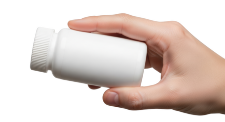 Hand holding a white plastic pill bottle with a ribbed cap isolated on a transparent background image