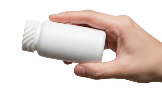Hand holding a white plastic pill bottle with a ribbed cap isolated on a transparent background image - Powered by Adobe