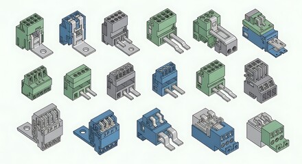 Isometric View of Various Terminal Blocks for Electrical Connections.