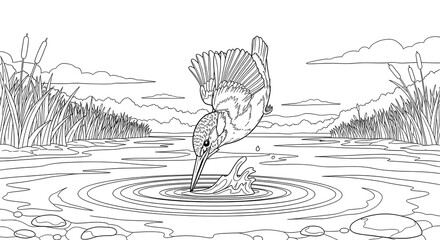 Graceful Kingfisher Plunging into Water Nature's Hunter Line Art