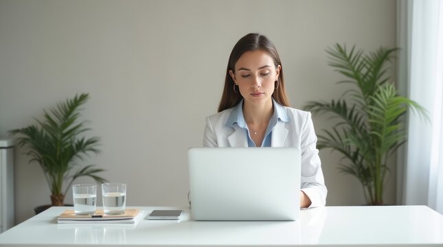 Focused businesswoman in white blazer working on laptop at white desk in modern office with plants, books, and water glasses. Productivity concept