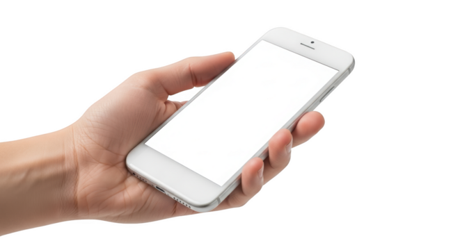Hand holding a white smartphone with a blank white screen isolated on a transparent background mobile phone