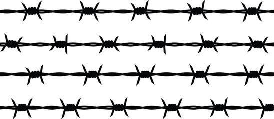 Barbed wire silhouette styles, black fencing design, sharp metal strands, danger symbol, security concept, protective barrier, wire pattern, industrial theme