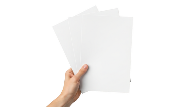 Hand holding three blank white sheets of paper fanned out isolated on a transparent background image
