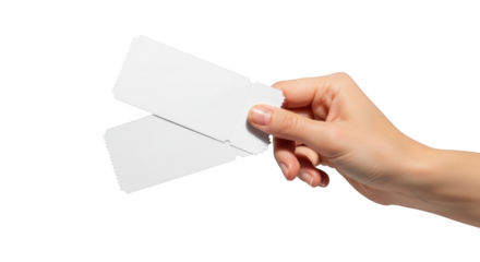 Hand holding two blank white perforated tickets isolated on a transparent background image