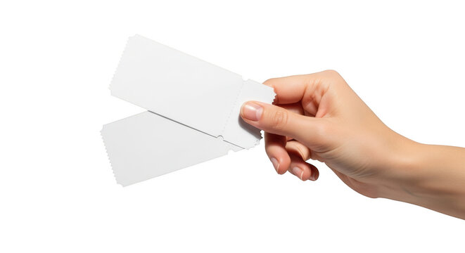 Hand holding two blank white perforated tickets isolated on a transparent background image
