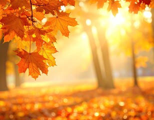 Autumn leaves, sunbeams illuminate blurry foliage
