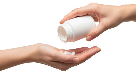 Hand pouring white pills from a bottle into an open palm isolated on a transparent background medicine