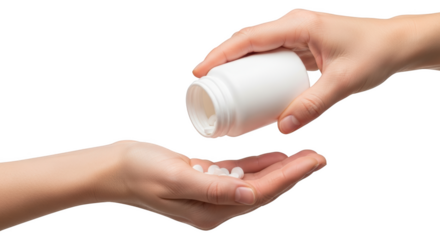 Hand pouring white pills from a bottle into an open palm isolated on a transparent background medicine
