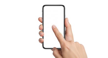 Hand touching blank white screen of modern smartphone with background isolated on a transparent background