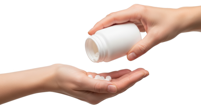 Hand pouring white pills from a bottle into an open palm isolated on a transparent background medicine - Powered by Adobe