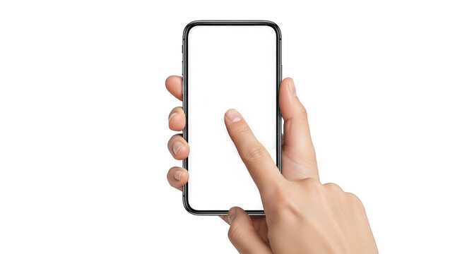 Hand touching blank white screen of modern smartphone with background isolated on a transparent background