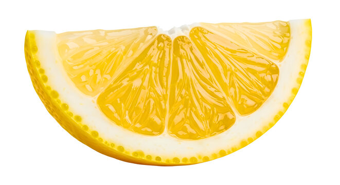Fresh lemon wedge showing juicy pulp and rind against a view on transparent background