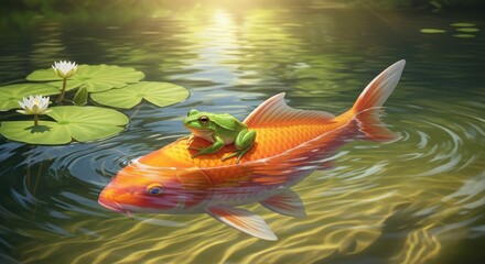 Surreal alliance a vibrant green frog perched atop an orange koi fish in sunlit water lilies