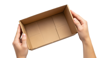Hands holding an open empty cardboard box with brown corrugated interior isolated on a transparent background