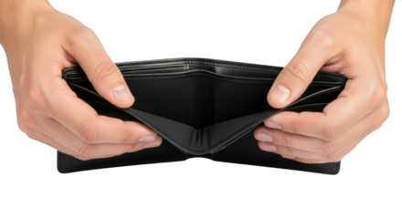 Hands holding open an empty leather wallet isolated on a transparent background empty wallet black wallet