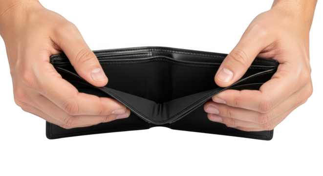 Hands holding open an empty leather wallet isolated on a transparent background empty wallet black wallet